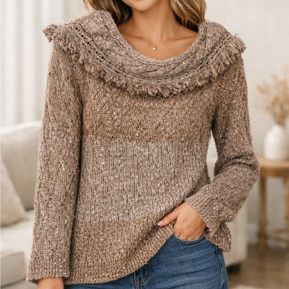 WHBM Sequin Knit Sweater Coastal Grandma Boho Cowl Neck Taupe MP - Picture 2 of 8